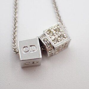 CHRISTIAN DIOR D Logo Dice Charm Necklace Rhinestone Silver Accessory